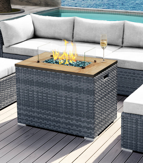 Rectangular Fire Pit Table Phoenix Collection Grey Wicker Resin. - Modenzi LLC