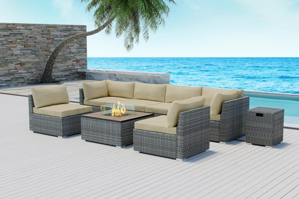 Phoenix 8pcs Outdoor Sectional with Square Fire Pit Grey Wicker - Modenzi LLC