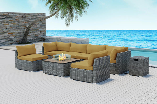 Phoenix 8pcs Outdoor Sectional with Square Fire Pit Grey Wicker - Modenzi LLC