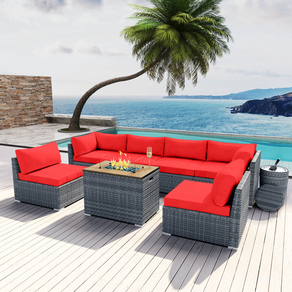 Phoenix Collection 8 pcs Outdoor Sectional with Rectangular Fire Pit Grey Wicker & Ice Champagne Bucket - Modenzi LLC