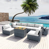 Phoenix Collection 8 pcs Outdoor Sectional with Rectangular Fire Pit Grey Wicker & Ice Champagne Bucket
