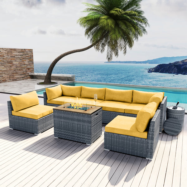 Phoenix Collection 8 pcs Outdoor Sectional with Rectangular Fire Pit Grey Wicker & Ice Champagne Bucket - Modenzi LLC